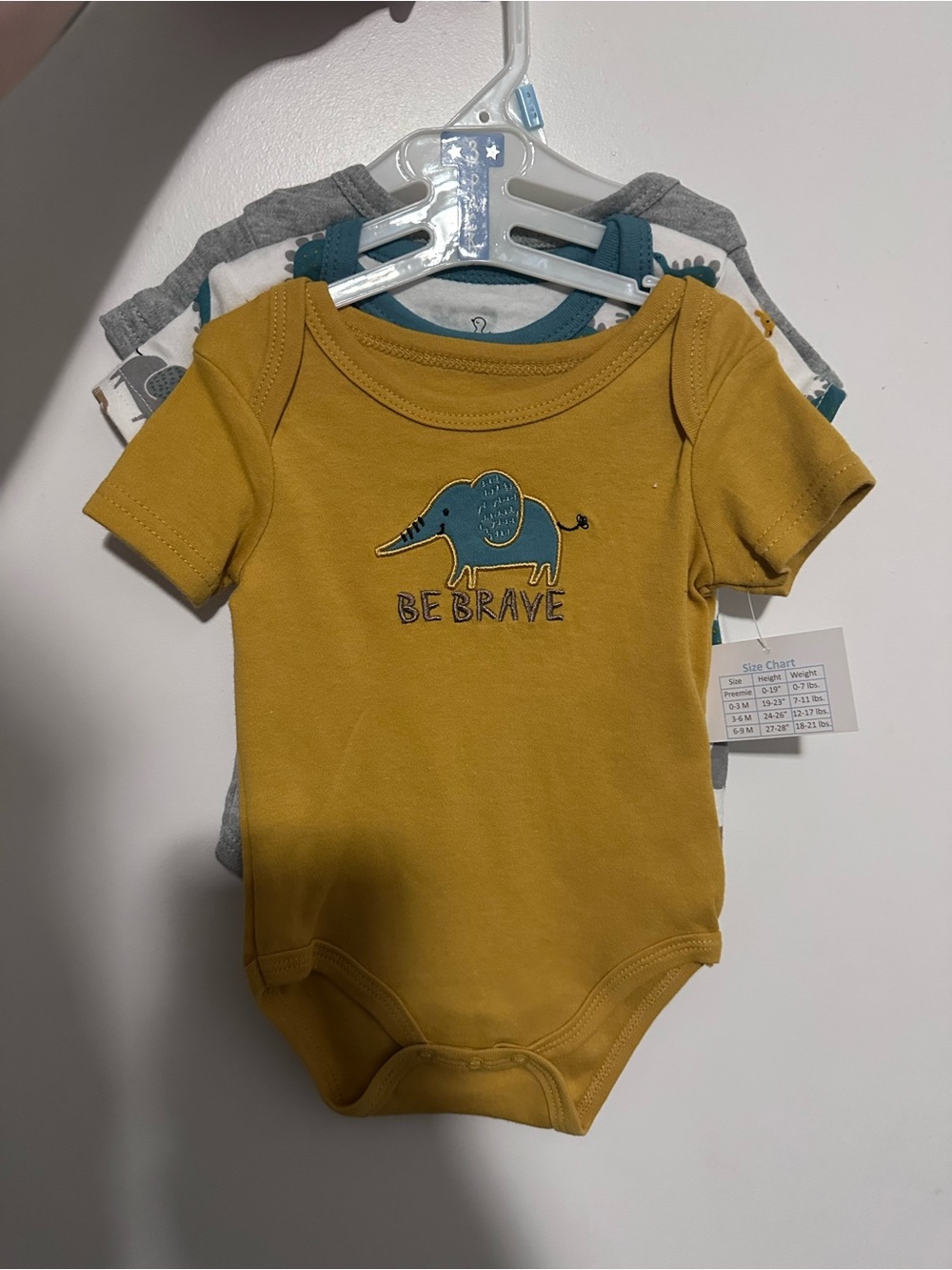 Mustard Short-Sleeve Baby One-Piece with Elephant "Be Brave"